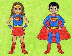 two children's drawings of superman and wonder woman standing in front of each other