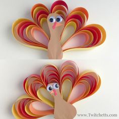 two turkeys made out of paper with googly eyes and one has a long tail