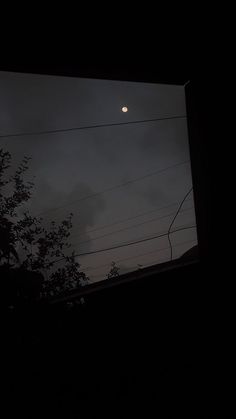 the moon is shining brightly in the dark sky over some trees and power lines at night