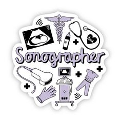 a sticker with the words songgapher surrounded by various medical items and symbols