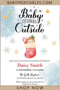 baby it's cold outside christmas party flyer with santa clause and snowflakes