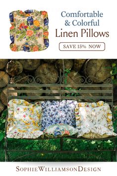 comfortable and colorful linen pillow covers.  Save 15% now.  shop now!  Image shows a variety of ruffled pillows on a charming bench in an outdoor setting. Indian Blanket Flower, My Sweet Audrina, Indian Blankets, Old Pillows