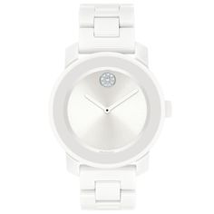 Sporty with a feminine side, this women's Movado BOLD watch is perfect for the modern woman with a high fashion style. The sleek silver-tone dial boasts coordinating white hands and a clear crystal adorned Movado dot at 12 o'clock. Ensuring accurate timekeeping is the reliable Swiss quartz movement that is protected within the 36mm stainless steel and white ceramic case. A protective K1 crystal covers the dial and features a ring of highly reflective, white-tone metallization. Finally, a white c Movado Womens Watch, White Watches, Movado Watches, The Gift Of Time, Movado Bold, Movado Watch, Jewelry Advice, Ceramic Watch, White Clothing