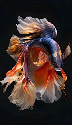 an orange and blue siamese fish with long tail swimming in the dark water on a black background