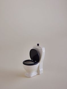 a black and white toilet sitting on top of a white floor