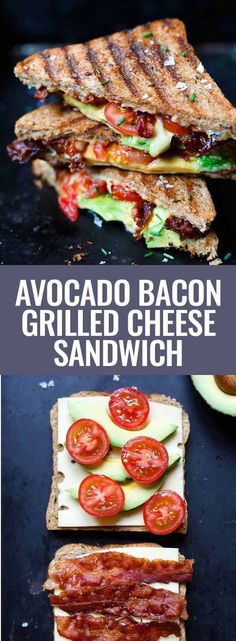 the avocado bacon grilled cheese sandwich is cut in half and stacked on top of each other