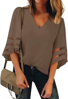 LookbookStore Women's V Neck Mesh Panel Blouse 3/4 Bell Sleeve Loose Top Shirt, Brown, S : Amazon.co.uk: Fashion Body Lingerie, Women Chiffon Blouse, Patch Work Blouse, Dress Shirts For Women, Casual Tops For Women, Loose Blouse, Chiffon Shirt, Dressy Tops, Loose Tops