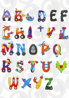 the letters are made up of different types of vehicles and shapes, all in bright colors