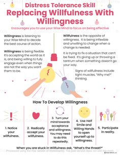 Willingness and willfulness are contrasting attitudes that individuals use when faced with negative situations. Whereas willingness involves accepting reality with openness and being adaptable, willfulness means resisting change and being inflexible. People who approach situations with willingness can experience personal growth. The DBT Willfulness vs Willingness PDF handout explains the difference between these two attitudes. It guides clients in developing willingness by providing a list of steps, which include recognizing instances of willfulness and actively engaging with reality. If they remain willful, the handout encourages them to ask, “What’s the threat?” Focusing on willingness over willfulness increases resilience in young people and helps them to be more effective during distre Willingness Vs Willfulness Dbt, Distress Tolerance Skills, Dbt Therapy, Distress Tolerance, Dbt Skills, Mental Health Center, Dialectical Behavior Therapy, Mental Health Therapy, Therapy Worksheets