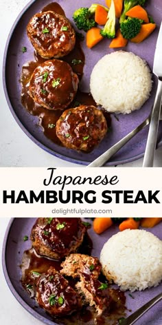 a plate of Japanese hamburger steak served with rice and vegetables Japanese Hamburger, Hamburg Steak, Juicy Hamburgers, Easy Japanese Recipes, Resep Salad, Mapo Tofu, Hamburger Steak, Steamed Vegetables, Japanese Cooking