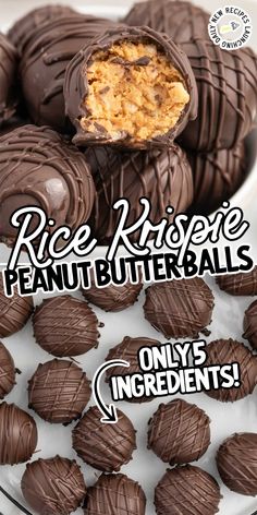 chocolate covered peanut butter balls on a white plate with the words rice krispy's peanut butter balls