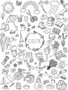 a coloring page with the word care surrounded by doodles and objects in black and white