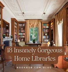 Large Bookshelves In Living Room, Small Cabin Library, Library Style Bookshelves, Stained Wood Built In Bookshelves, Traditional Library Design, Home Libraries Aesthetic, Homes With Libraries, Home Library Table, Entryway Library Ideas