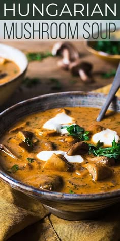 a close up of a bowl of mushroom soup