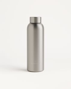 a stainless steel water bottle on a white background with the lid open and nozzles