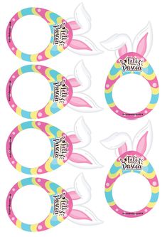 six pink, yellow and blue bunny ears with the words smile wonder on them in white lettering