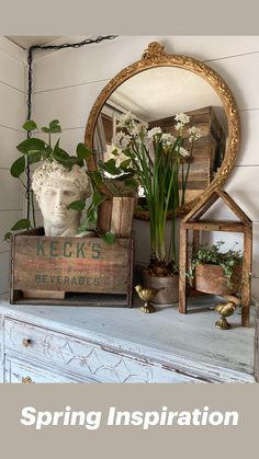 there is a mirror and some plants on top of a dresser