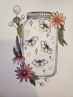 a drawing of a jar with flowers and bees on the inside is shown in color