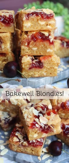 several pieces of fruit and almond blondies stacked on top of each other with the words bakewell blondies above them