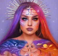 Gemini Costume, Zodiac Makeup Looks, Zodiac Sign Makeup, Beautiful Halloween Makeup, Zodiac Makeup, Makeup Themes, Organization Makeup, Eye Makeup Styles, Face Art Makeup