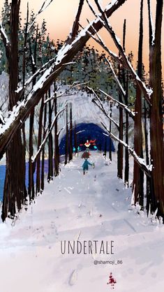 a painting of a person walking through the woods with an umbrella in their hand and snow on the ground