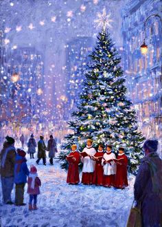 a painting of people standing in front of a christmas tree