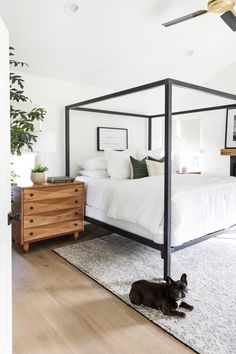 a black dog laying on top of a white bed in a bedroom next to a dresser