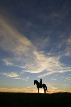 the silhouette of a person riding a horse on a field at sunset with clouds in the sky