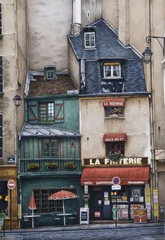 a painting of some buildings in the city