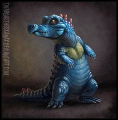 an image of a blue dinosaur with spikes on its head and tail, sitting in front of a dark background