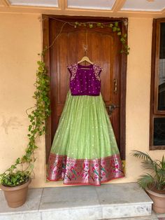 paithani lehenga set  |womens lavender purple Kota silk  lehenga choli |crop top lehenga set |designer paithani lehenga dupatta | lavender wedding lehenga choli |green zari Kota wedding lightweight lehenga usa Women's lehenga set /zari Kota paithani embroidered lehenga skirt/voggish      lehengas are one of the beautiful and versatile traditional attires of india !! we carry such pieces in budget with great quality that can be styled in multiple ways with different outfits !!       Here is Beautiful light green zari Kota silk paithani border lehenga paired with contrast mix and match purple pure raw silk hand embroidered high neck layered sleeve crop top as shown!! This set does not comes with dupatta but can be purchased separately  !! Skirt has heavy gear and both pieces can be mix and m Half Saree Lehenga Georgette, Pattu Skirt And Crop Top, Kota Lehenga Designs, Fitted Green Dola Silk Lehenga, Fitted Green Chanderi Gown, Fitted Green Lehenga In Art Silk, Fitted Green Raw Silk Lehenga, Green Fitted Lehenga In Art Silk, Fitted Green Dola Silk Choli