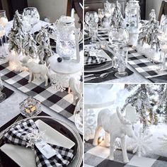 the table is decorated with black and white buffalo napkins, silverware, and christmas trees