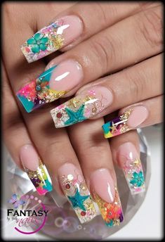 3dnail Art Design, 3d Nail Designs Summer, Nails With Flowers, Encapsulated Nails, Fantasy Nails, Cute Acrylic Nail Designs, Mermaid Nails, Pretty Nail Art Designs