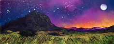 a painting of the night sky with mountains in the background and stars on the sky