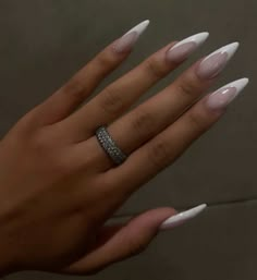 White On White French Almond Nails, Thick French Tip Nails Almond, Almond White French Tip Nails, White On White French Tip Nails, Xl Almond Nails, December Almond Nails, Deep French Nails, Classy Gel Nails, Acrylic Nails Almond Shape