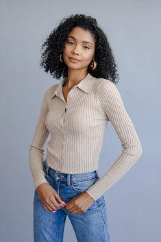 A ribbed long sleeve collard crop top featuring a button closure. Trending Styles, Toasted Coconut, Ribbed Top, Dress 16, Cargo Pant, Collar Top, Pose Ideas, Seamless Leggings, Long Sleeve Polo