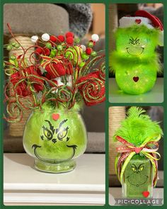 Grinch whiskey bottle, Light up Grinch and cute Grinch vase Grinch Party Centerpieces, Grinch Fish Bowl Craft, Grinch Centerpiece Ideas Diy, Grinch Clay Pots, Grinch Flower Arrangement, Grinch Christmas Centerpiece, Grinch Wine Bottle Diy, Grinch Mason Jar Ideas, Grinch Crafts To Sell