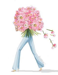 a drawing of a woman walking with a bouquet of flowers in her hand and wearing blue pants