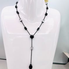 New With Tag Black Enamel Necklace For Evening, Black Jewelry With Adjustable Chain For Formal Occasions, Elegant Black Necklace With Black Enamel, Black Clavicle Chain Necklace For Evening, Black Evening Jewelry With Adjustable Chain, Elegant Black Jewelry With Adjustable Chain, Elegant Black Necklaces With Adjustable Chain, Adjustable Black Lariat Necklace For Party, Black Lariat Necklaces For Party