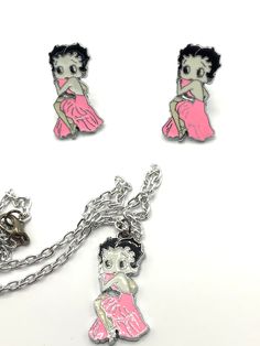 Gorgeous vintage set of Betty Boop with earrings and necklace, enamel, pink dress. Pink Enamel Party Jewelry, Pink Enamel Jewelry For Party, Pink Enamel Jewelry With Matching Earrings, Pink Enamel Earrings For Party, Vintage Enamel Jewelry For Parties, Handmade Pink Enamel Necklaces, Retro Enamel Jewelry For Party, Retro Enamel Party Jewelry, Pink Necklaces With Matching Earrings For Party