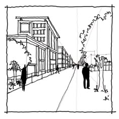 a drawing of two people walking down the street in front of some buildings and trees