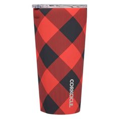 a red and black plaid tumbler cup with the words concece on it