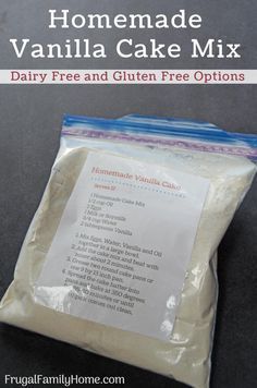 homemade vanilla cake mix in a bag with text overlay that reads, homemade vanilla cake mix dairy free and gluten free options