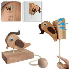 a wooden toy with a dog head on it