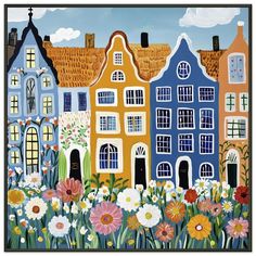 a painting of houses with flowers in the foreground