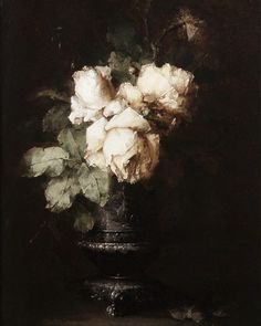 a painting of white flowers in a black vase