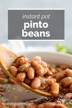 a spoon full of pinto beans with the title instant pot pinto beans