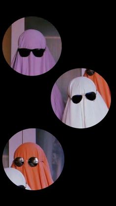 three pictures of two people wearing sunglasses and one has a ghost costume