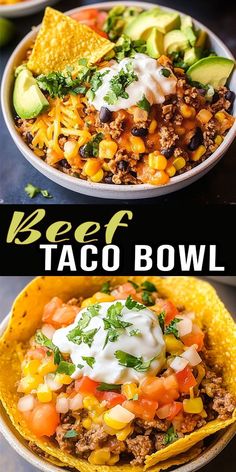 beef taco bowl with corn, avocado and sour cream on the side