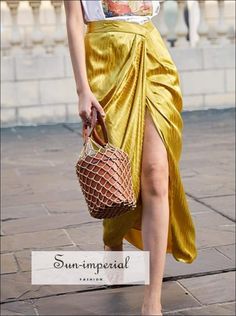 Yellow Mustard Striped High Waist Ruched Hem with front Slit Maxi Skirt Mustered Yellow, Asymmetric Skirt, Office Dresses For Women, Yellow Skirt, Yellow Outfit, Yellow Mustard, Long Skirts, Asymmetrical Skirt, Solid Dress